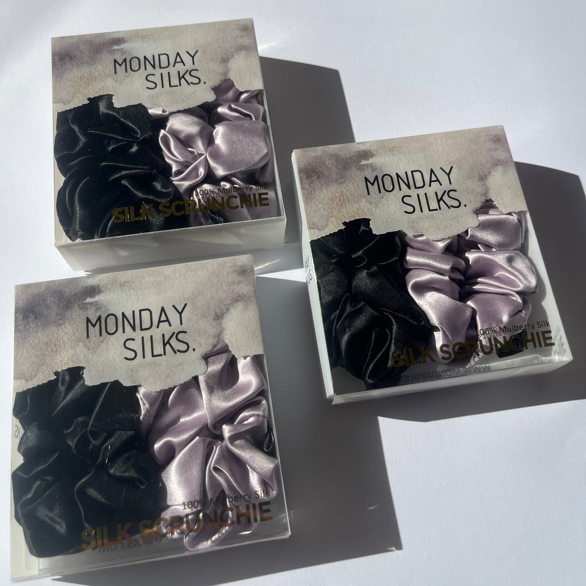 Silk Scrunchies Hair Tie - Lilac-Black | Midi 2 Pack