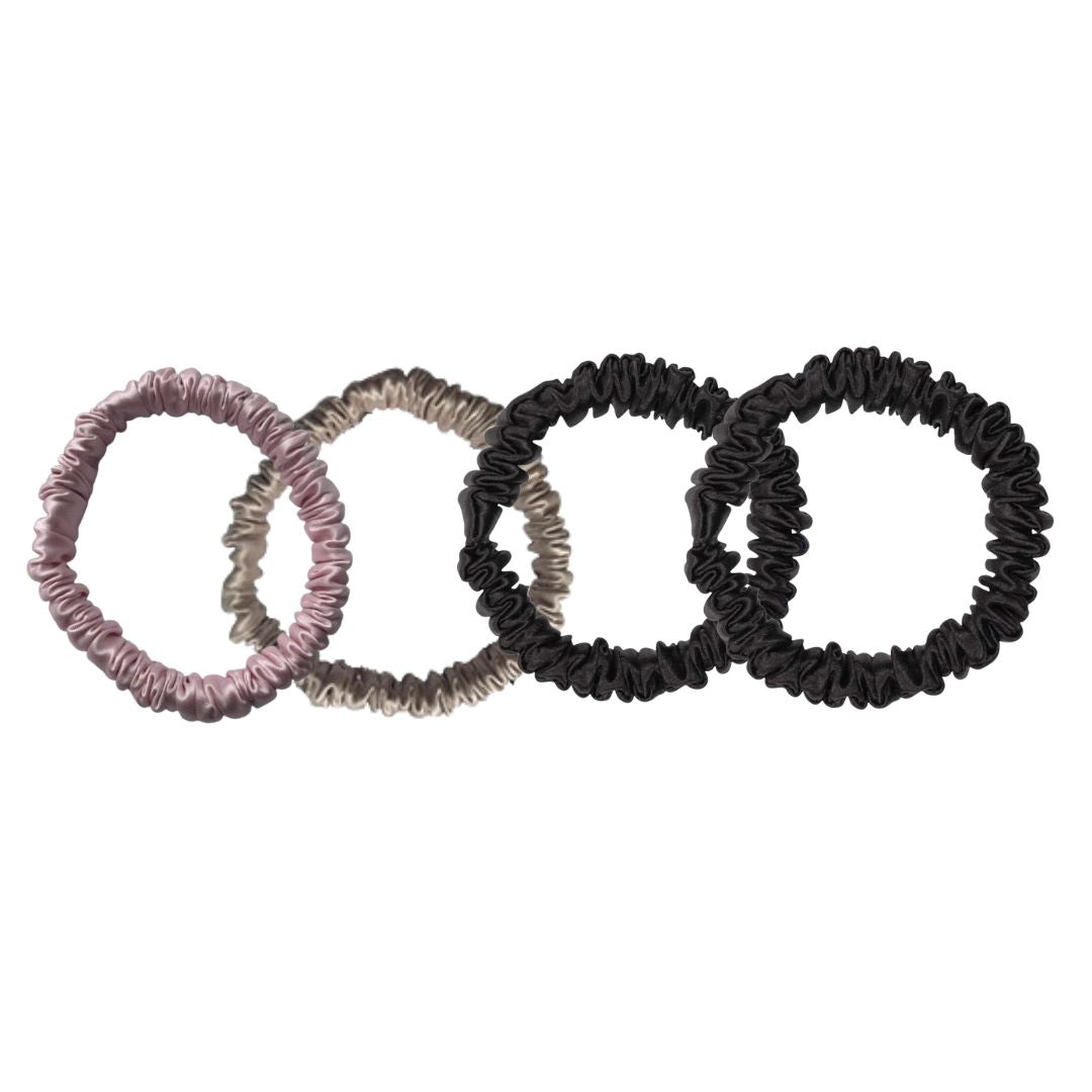 Skinny Silk Scrunchies - 4 Pack (2 black, 1 pink, 1 champagne)