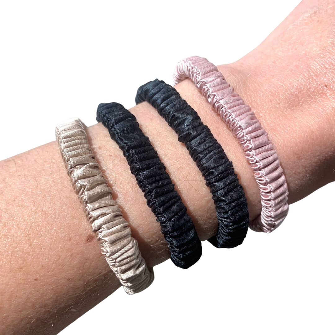 Skinny Silk Scrunchies - 4 Pack (2 black, 1 pink, 1 champagne)