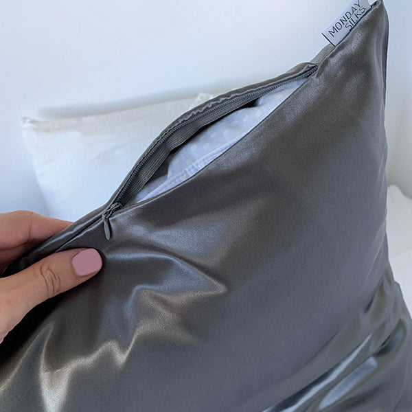 Charcoal Silk Pillowcase by Monday Silks NZ with hidden zipper closure, made from pure mulberry silk for anti-bed hair and skin hydration benefits.