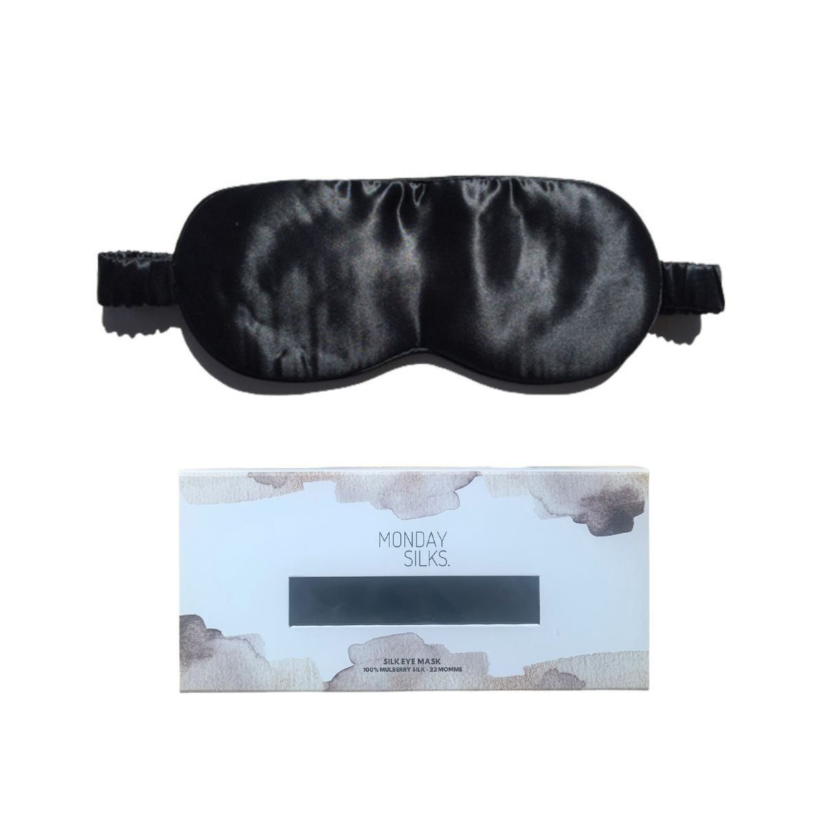Black silk eye mask from Monday Silks with luxury packaging. Ideal for reducing skin friction and improving sleep hydration.