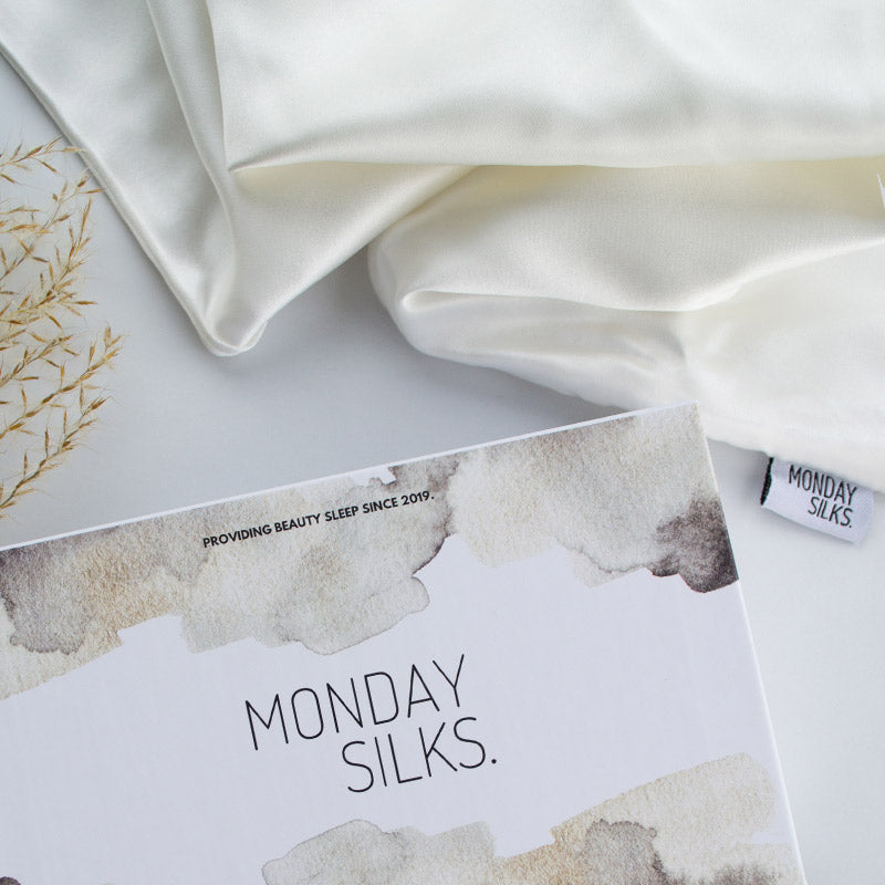 Off White silk pillowcase comes in a Monday Silks luxury gift box