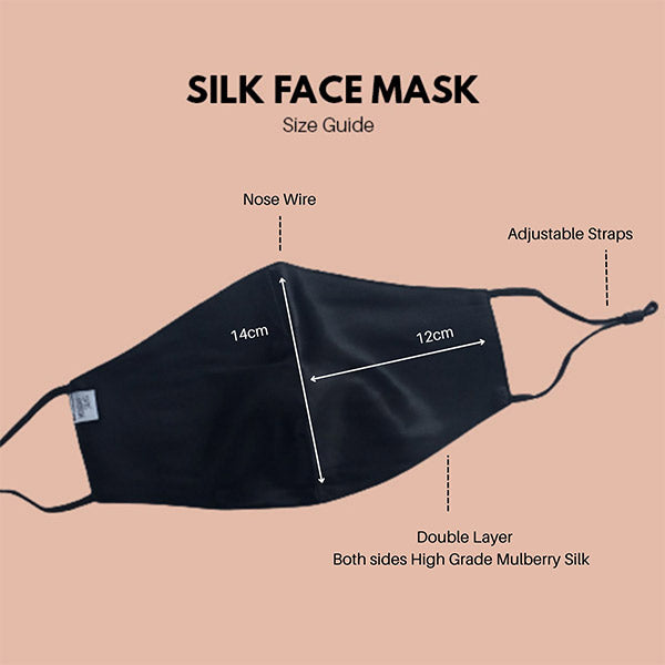 Black Silk Face Mask - Anti Irritating & Breathable | Monday Silks NZ with labeled dimensions and features like nose wire and double-layer silk.