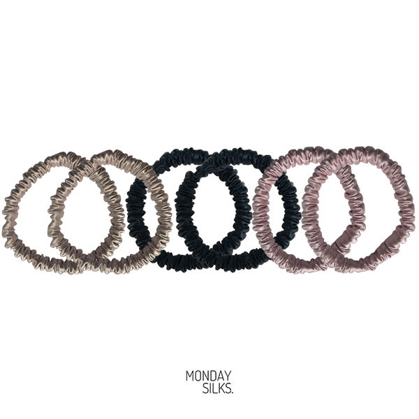 Pack of 6 Skinny Silk Scrunchies - Fairway 6 Pack with black, pink and champagne. Say goodbye to tangles and frizz with Monday Silks skinny silk scrunchies!  