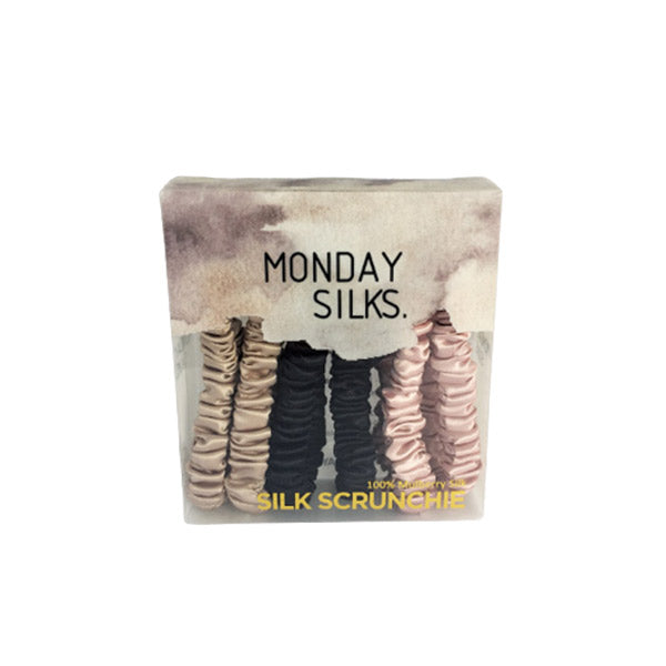 6 Skinny Silk Scrunchies in packaging. Fairway 6 Pack with black, pink and champagne. Ideal for women or girls gifting